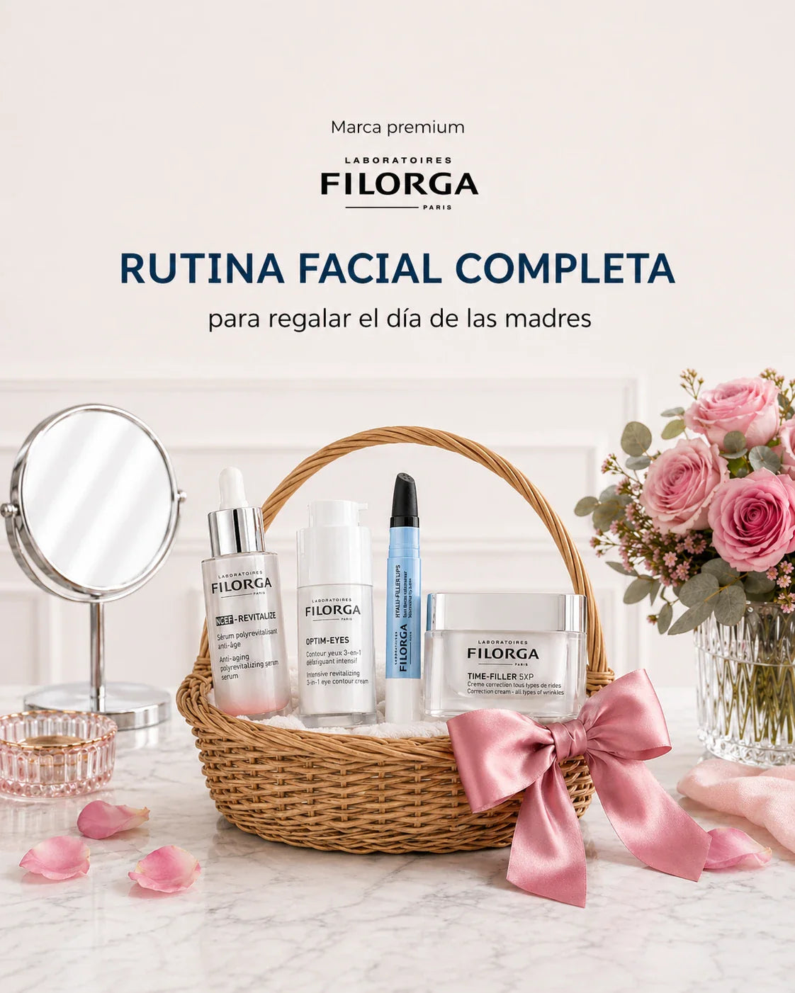 Rutina facial Filorga para Día de las Madres con NCEF Revitalize, Optim-Eyes, Hyalu-Filler Lips y Time-Filler 5XP