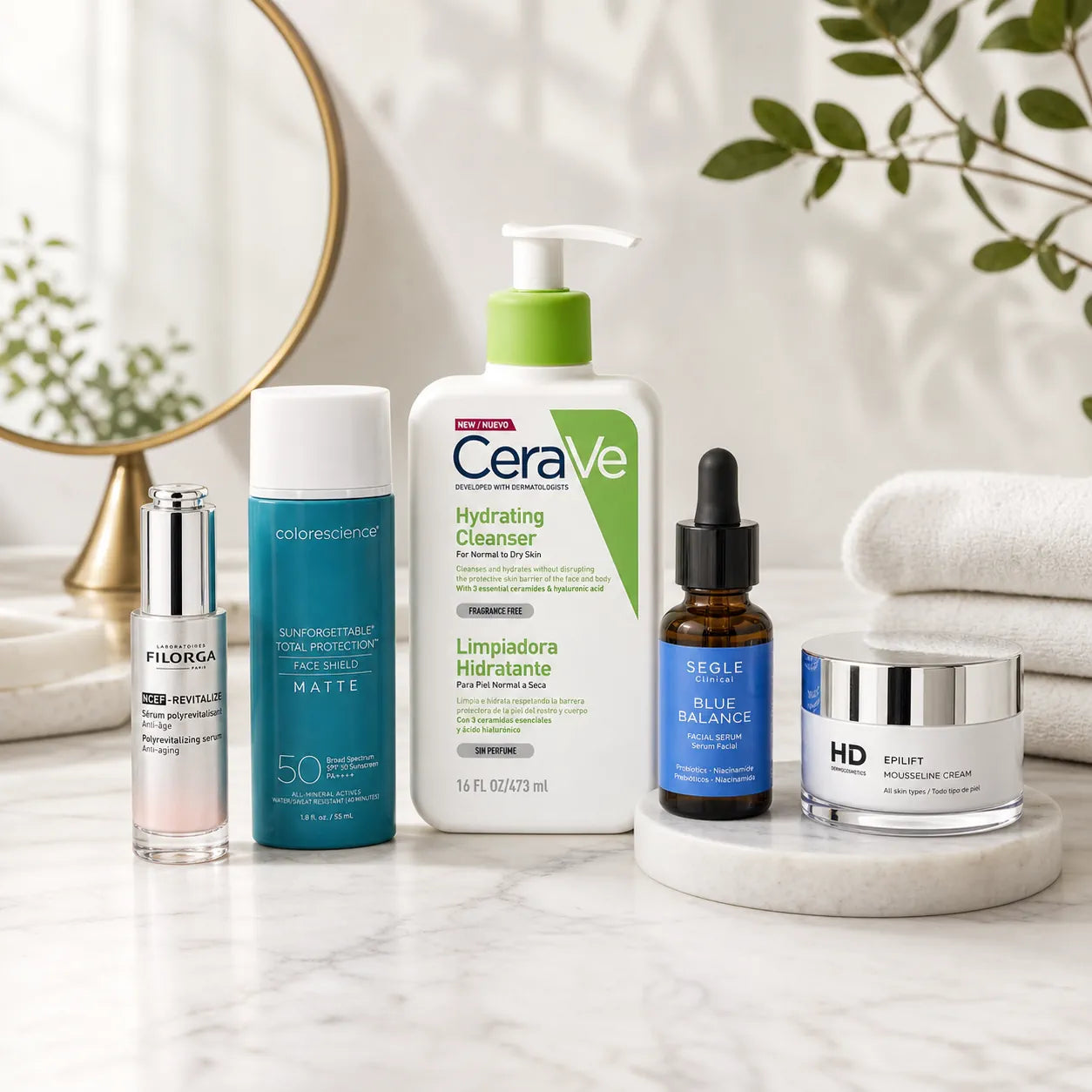 Rutinas dermatológicas con dermocosméticos para limpieza, hidratación, protección solar, antiedad y cuidado diario