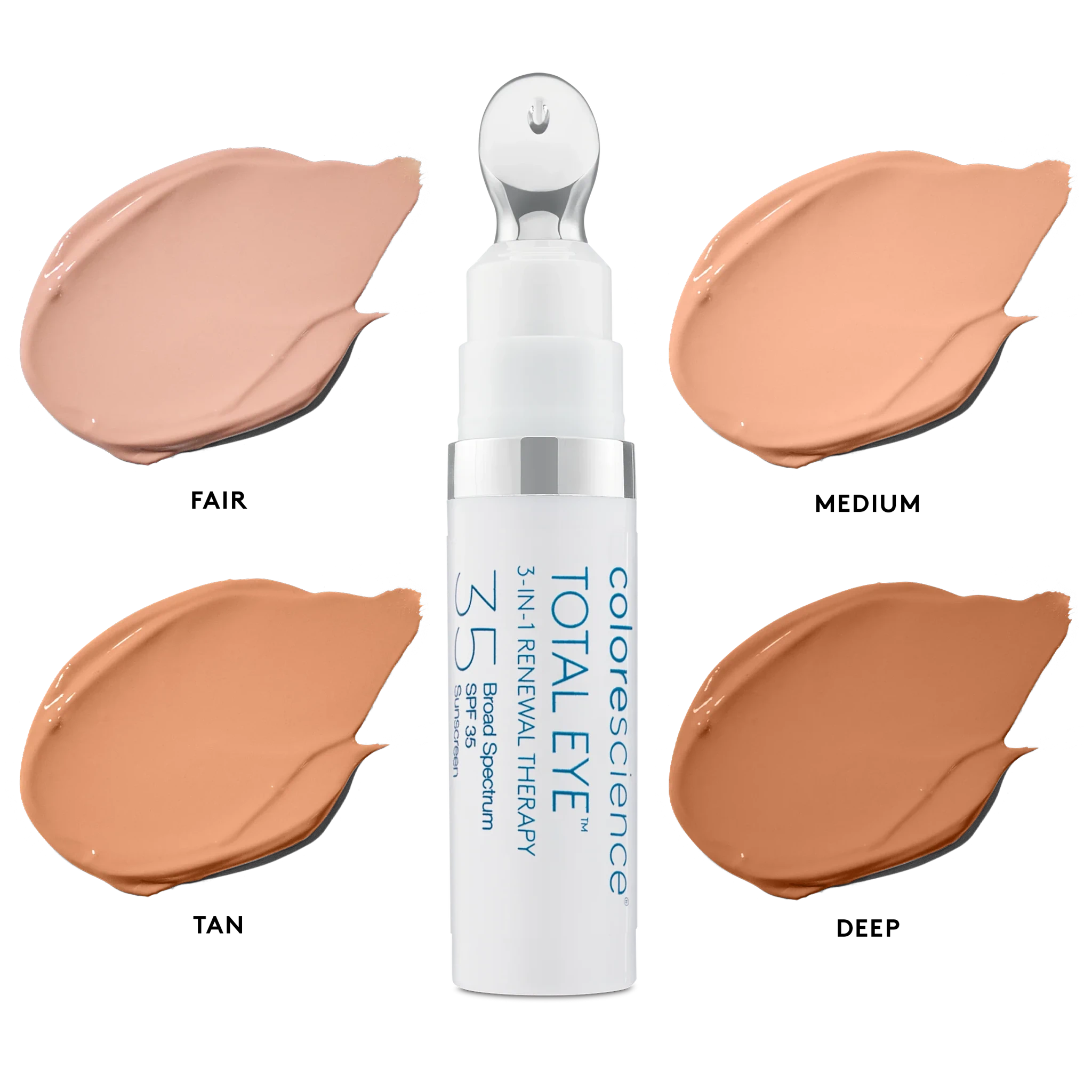 Colorescience Total Eye 3 in 1 Renewal Therapy SPF35 7 ml con aplicador frío y muestra de todos los tonos disponibles para contorno de ojos.