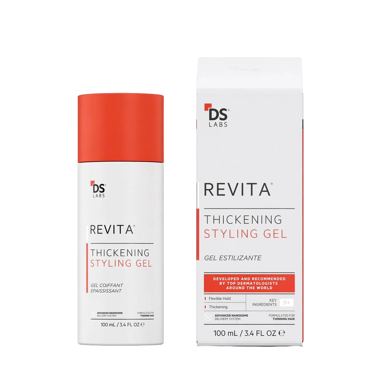 Tubo de 100 ml de Revita Gel Anticaída de la marca DS Laboratories para estilizar el cabello y prevenir su caída.