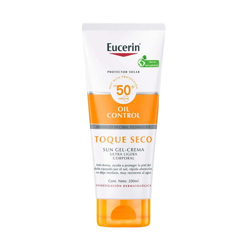 Eucerin Sun Gel-Crema Corporal Oil Control FPS50+ 200ml. Fotoprotector ultraligero toque seco para todo tipo de piel.
