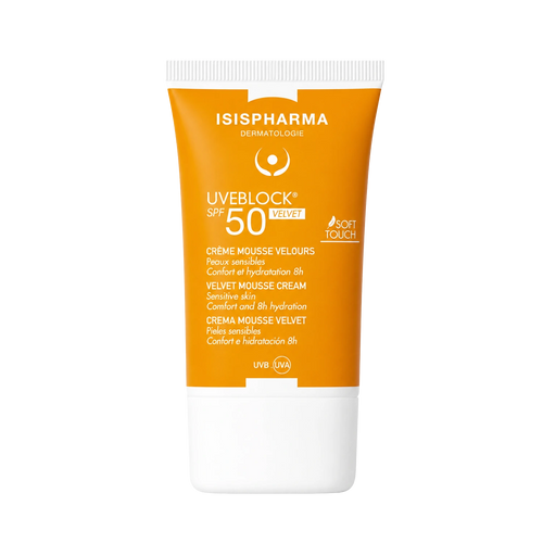 Protector solar facial Isispharma Uveblock Velvet SPF50+ de 40ml. Crema espuma con acabado mate y defensa antioxidante