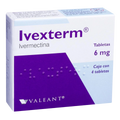 Caja de Ivexterm 6 mg con 4 tabletas, medicamento antiparasitario oral para el tratamiento de piojos y sarna.