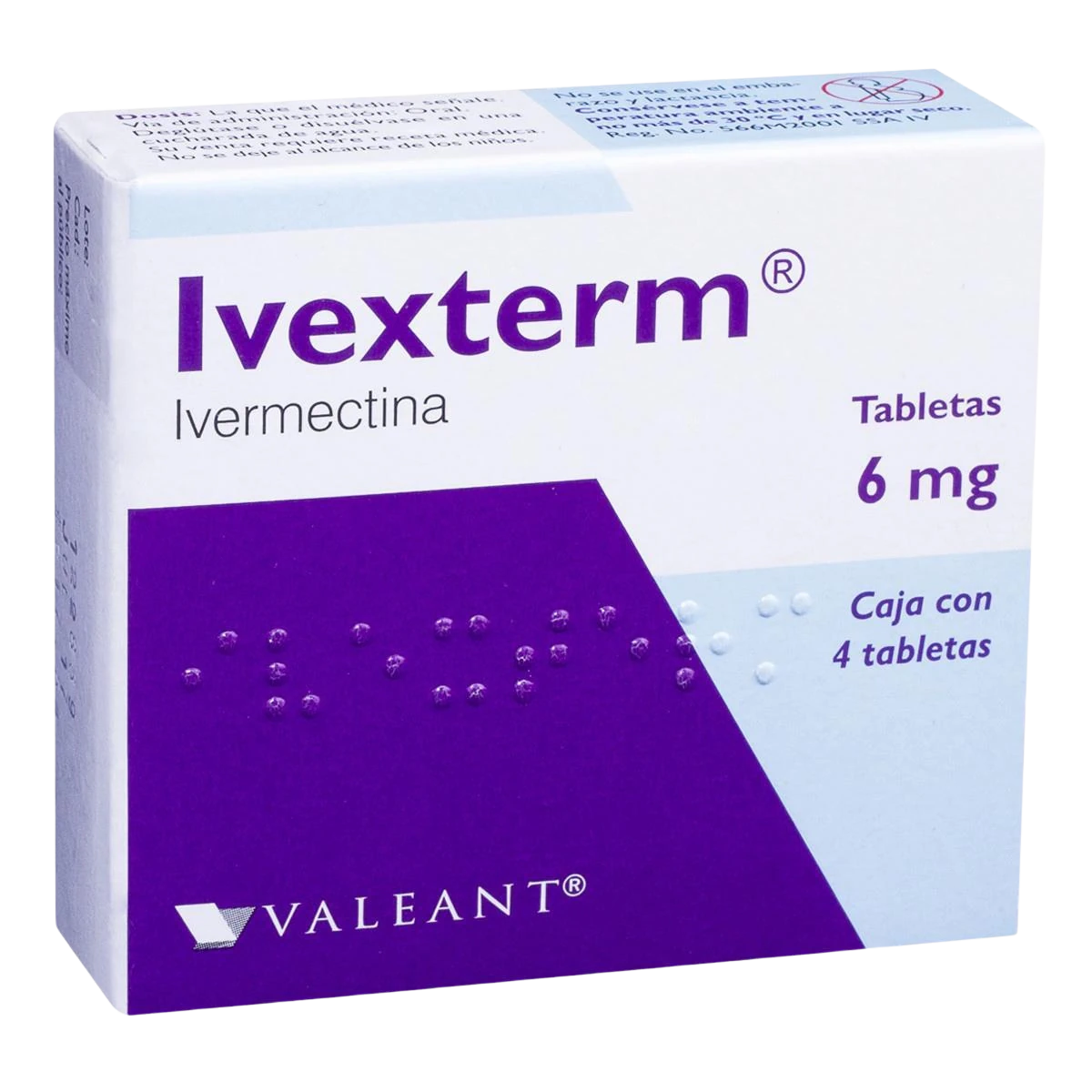 Caja de Ivexterm 6 mg con 4 tabletas, medicamento antiparasitario oral para el tratamiento de piojos y sarna.
