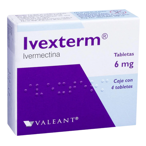 Caja de Ivexterm 6 mg con 4 tabletas, medicamento antiparasitario oral para el tratamiento de piojos y sarna.