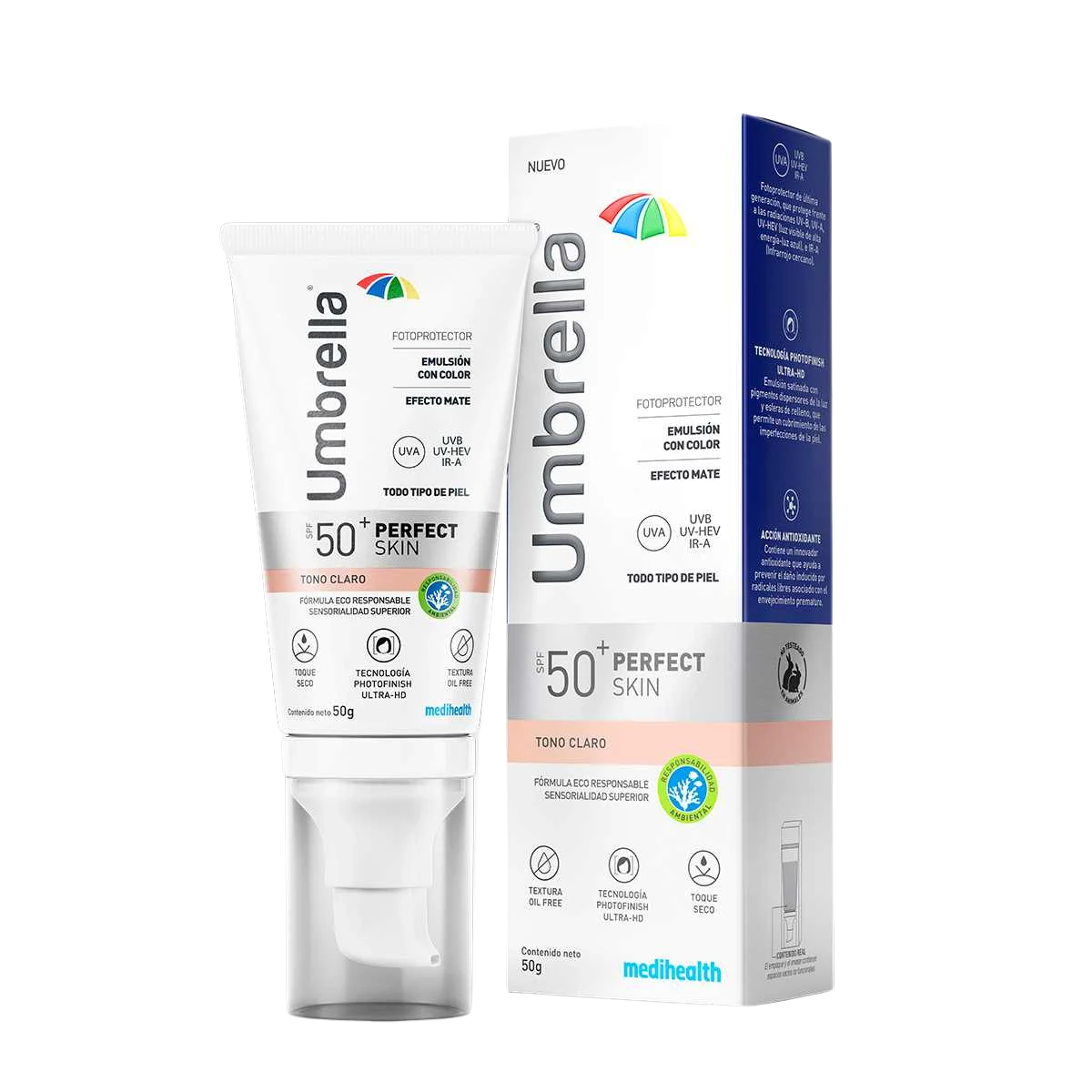 Protector solar Umbrella Perfect Skin SPF 50+ con tono Claro 50g. Emulsión efecto mate oil-free.