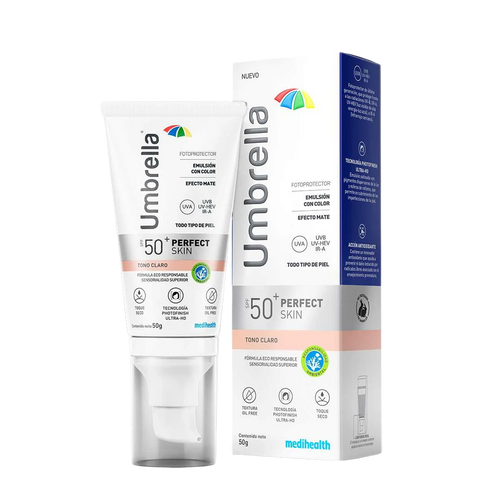 Protector solar Umbrella Perfect Skin SPF 50+ con tono Claro 50g. Emulsión efecto mate oil-free.