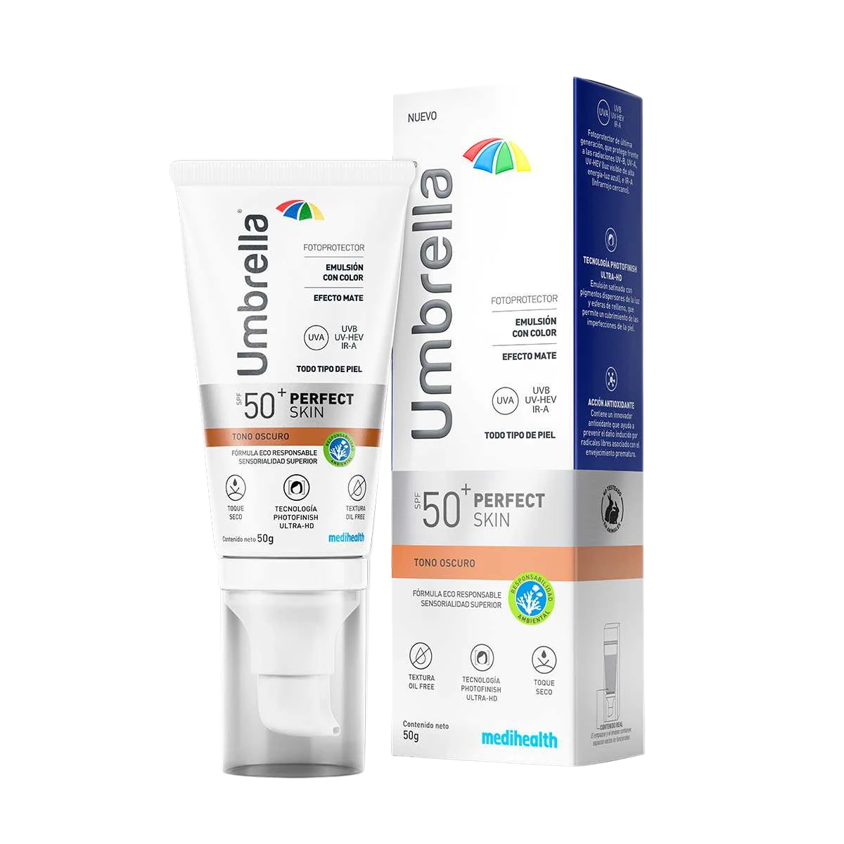 Protector solar Umbrella Perfect Skin SPF 50+ con tono Oscuro 50g. Emulsión efecto mate oil-free.