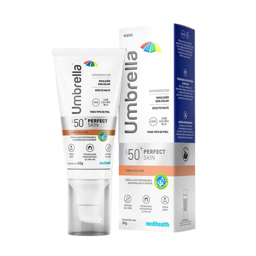 Protector solar Umbrella Perfect Skin SPF 50+ con tono Oscuro 50g. Emulsión efecto mate oil-free.