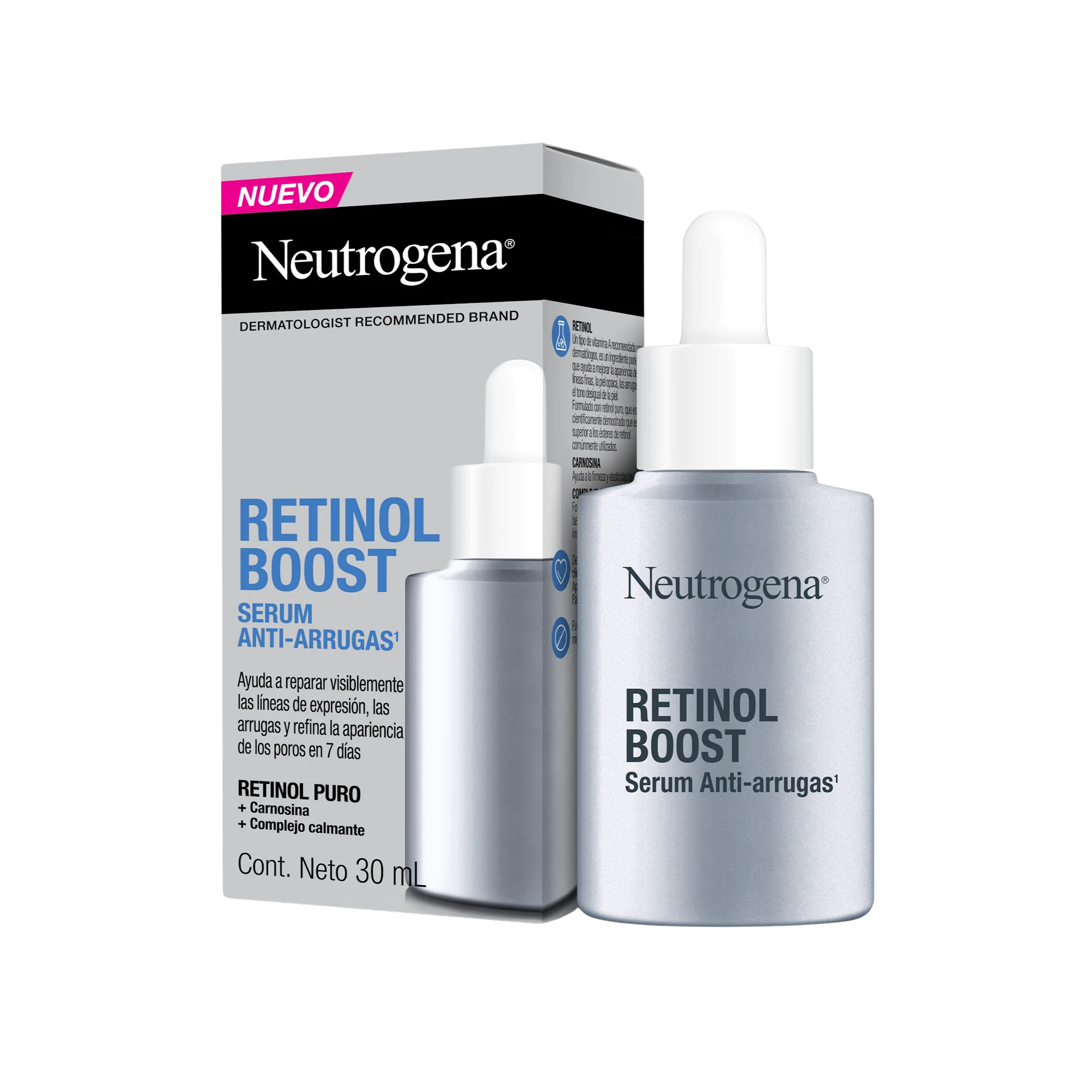 Serum Neutrogena Retinol Boost 30ml con retinol puro y carnosina para combatir arrugas y proteger la firmeza de la piel.