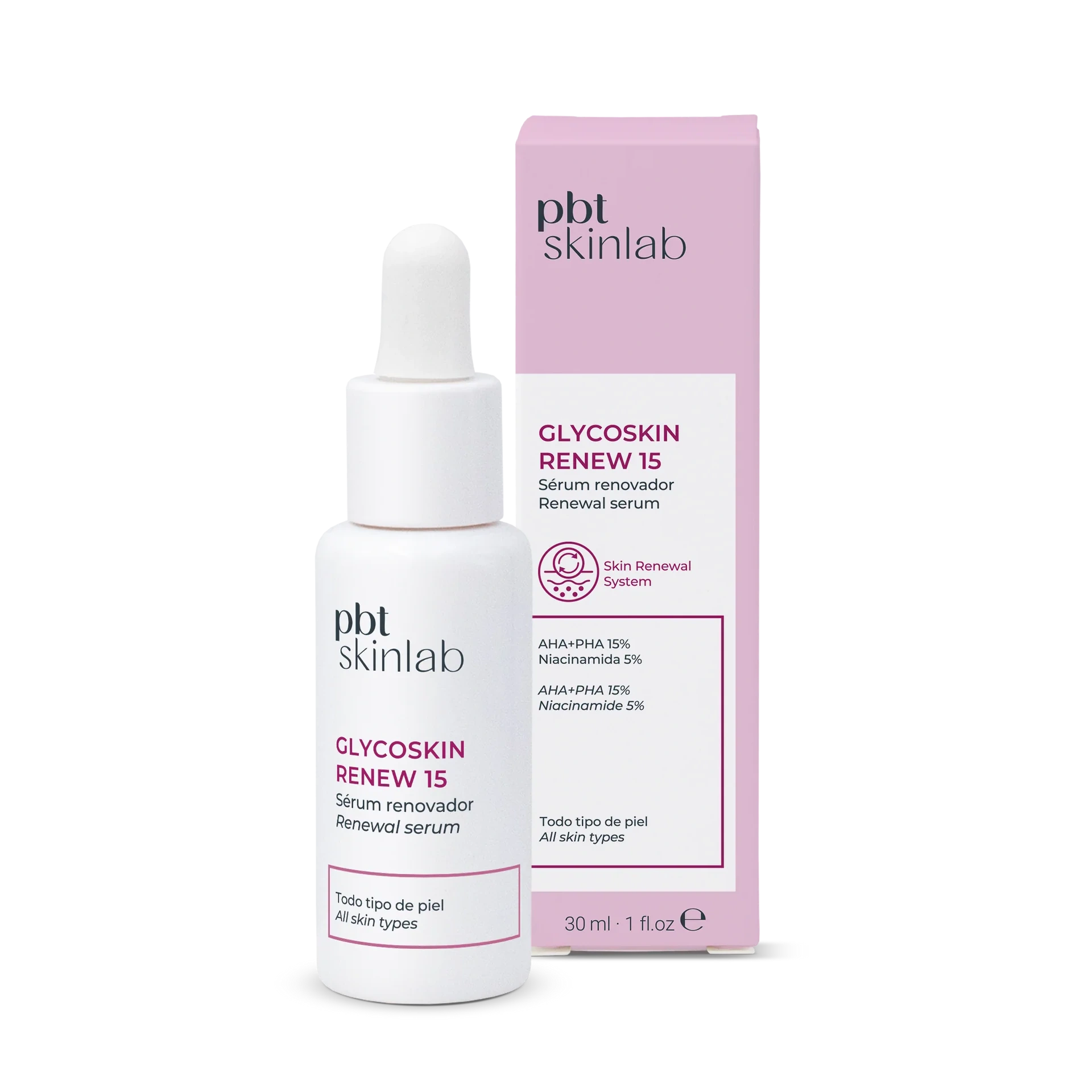 Frasco de Glycoskin Renew 15 Sérum exfoliante de PBT SkinLab 30ml. Tratamiento facial con AHA y Niacinamida.