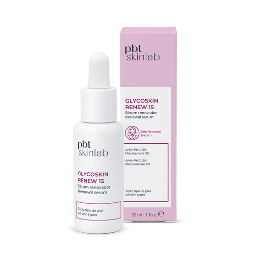 Frasco de Glycoskin Renew 15 Sérum exfoliante de PBT SkinLab 30ml. Tratamiento facial con AHA y Niacinamida.