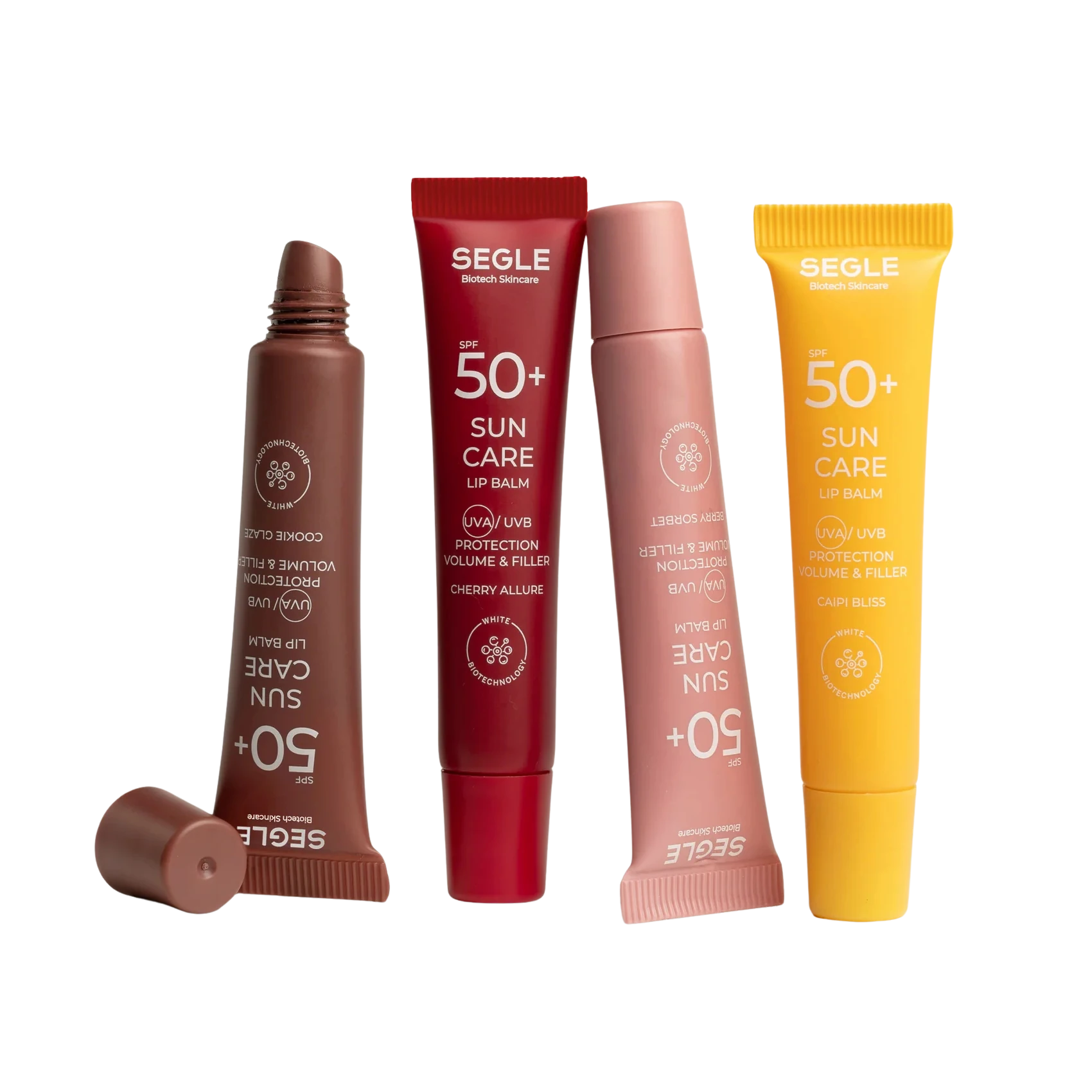 Segle Sun Lip Balm SPF50+ en tonos Berry, Cherry, Caipi y Cookie con efecto gloss