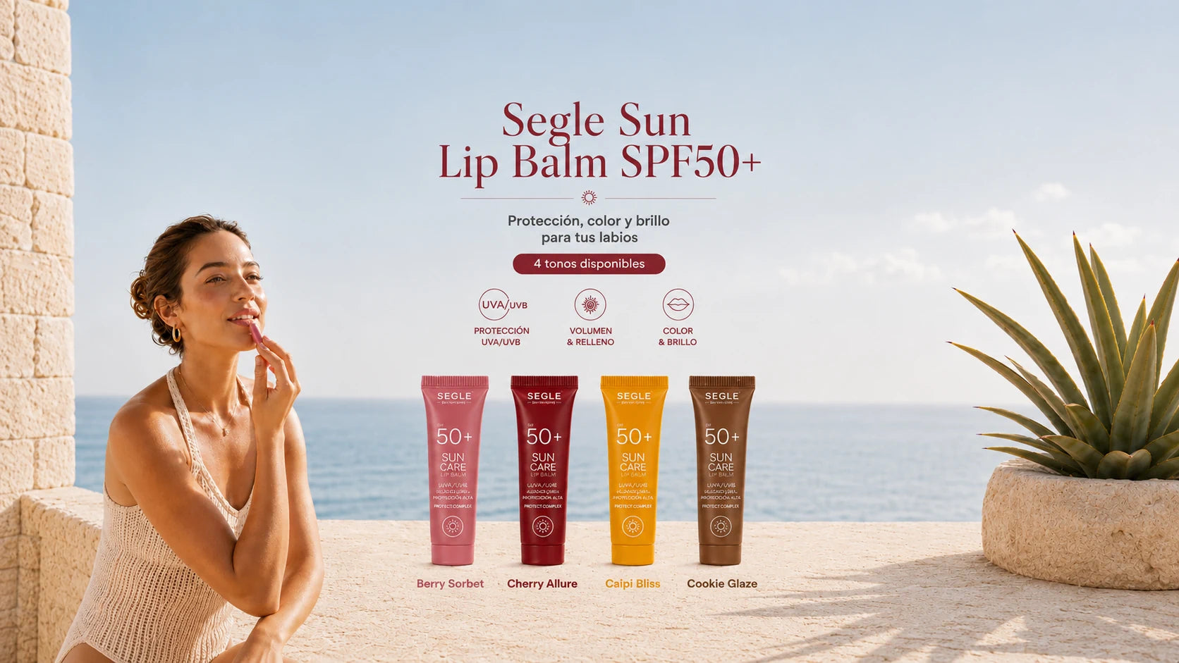 Segle Sun Lip Balm SPF50+ in 4 tonos: Berry Sorbet, Cherry Allure, Caipi Bliss y Cookie Glaze, con protección UVA/UVB, volumen y brillo