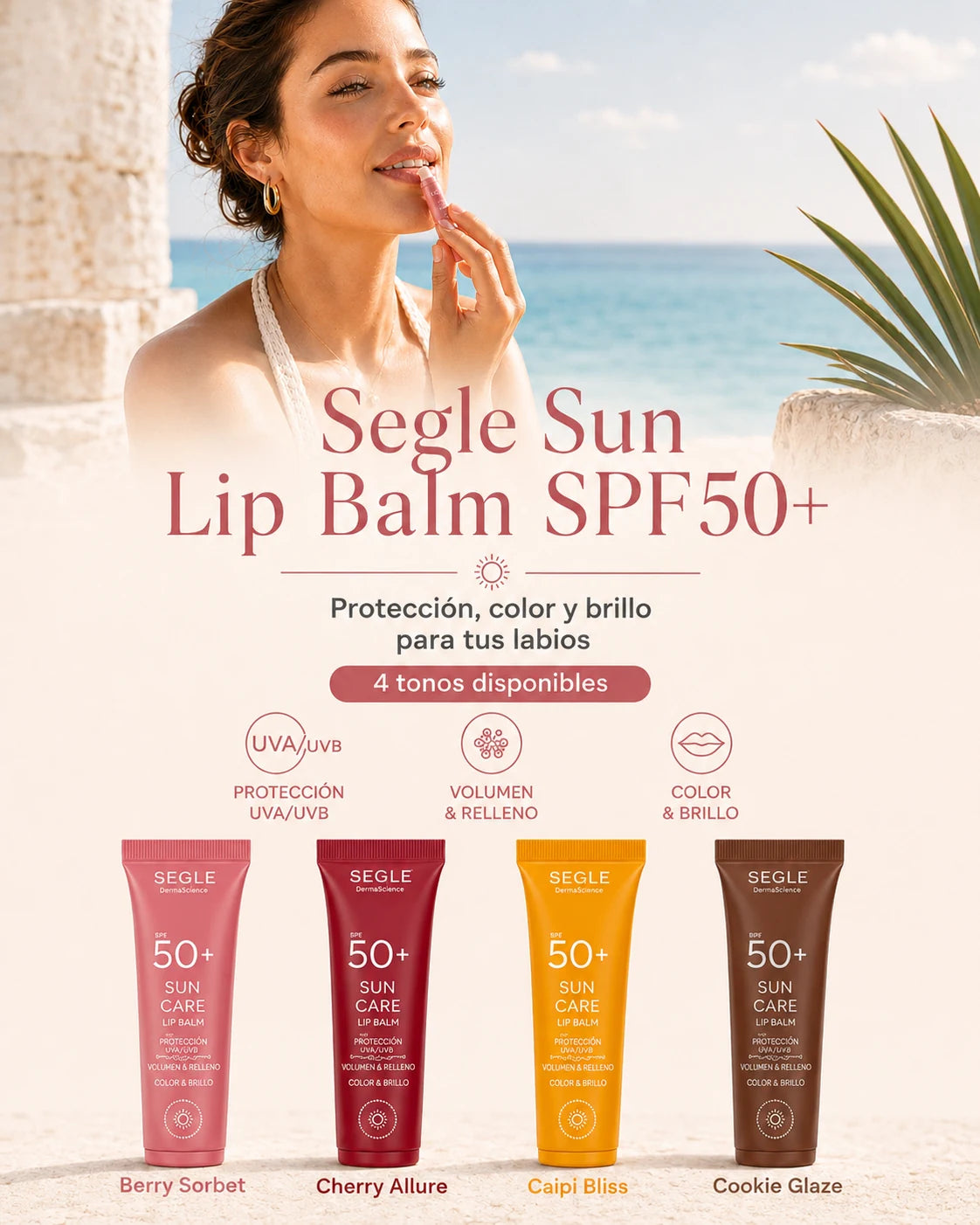 Segle Sun Lip Balm SPF50+ in 4 tonos: Berry Sorbet, Cherry Allure, Caipi Bliss y Cookie Glaze, con protección UVA/UVB, volumen y brillo