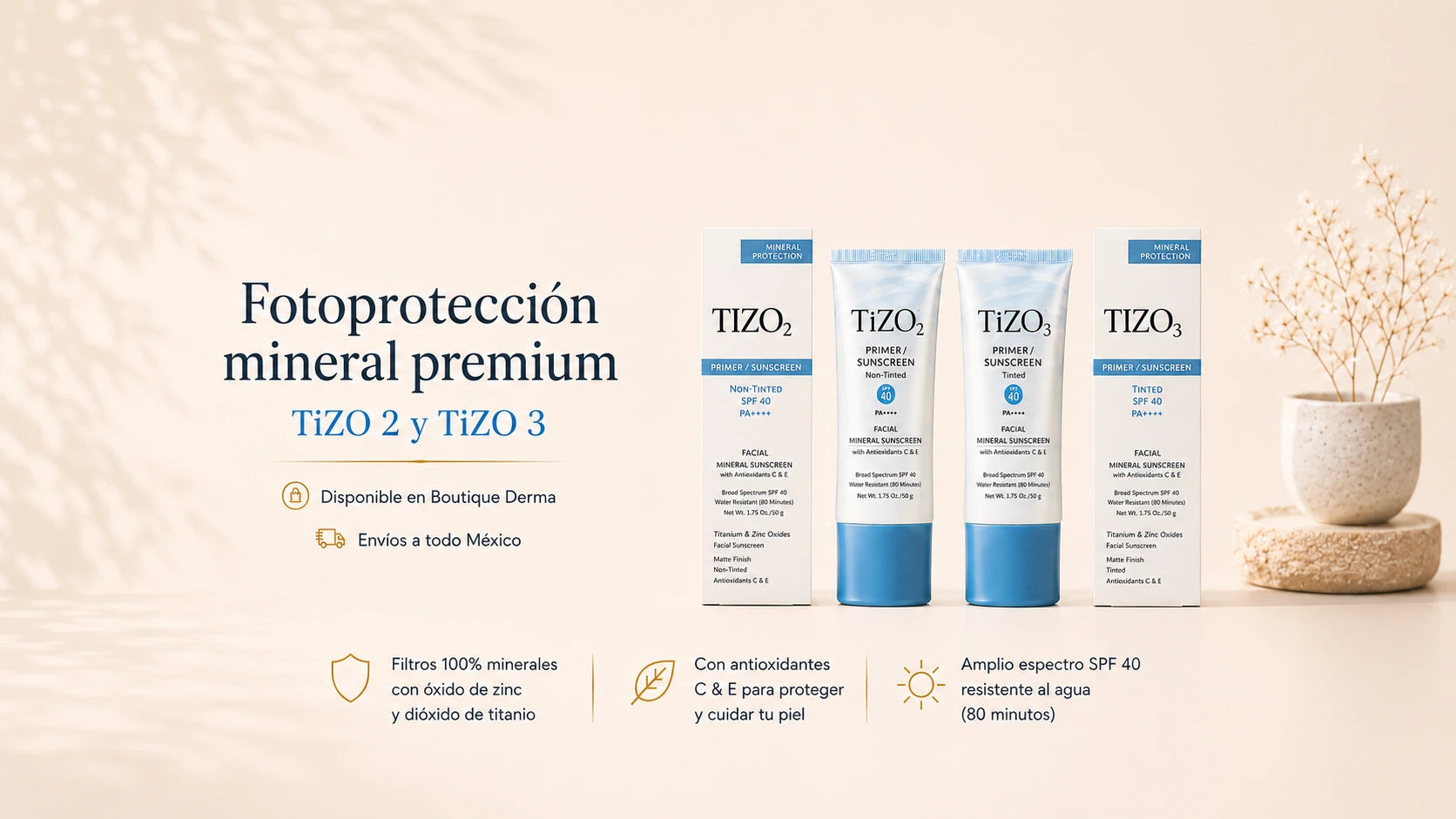 Protección mineral premium TiZO 2 y TiZO 3 con acabado mate SPF40