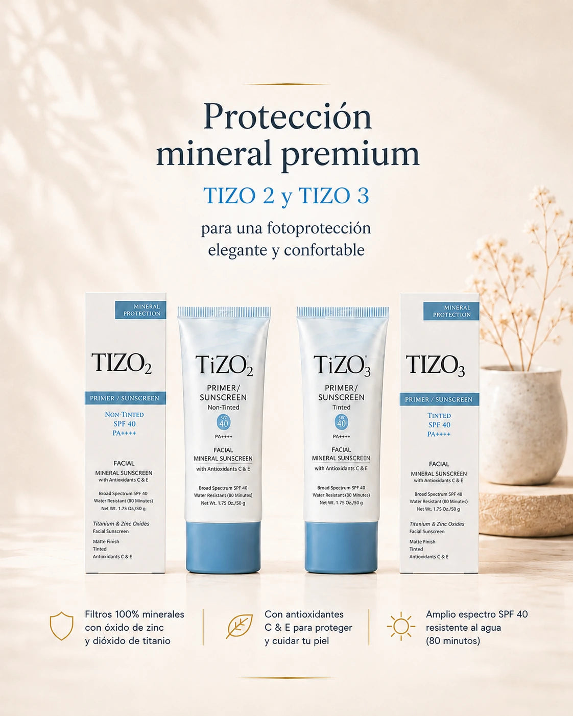 Protección mineral premium TiZO 2 y TiZO 3 con acabado mate SPF40