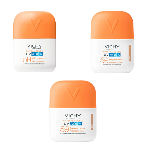 Vichy Capital Soleil UV Aqua FPS50 50 ml, protector solar facial hidratante con color y textura ligera