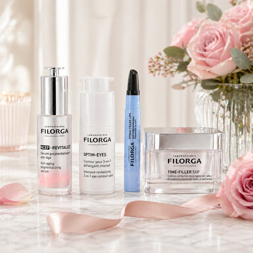 Kit Día de las Madres Filorga con sérum, crema antiedad, contorno de ojos y cuidado de labios.